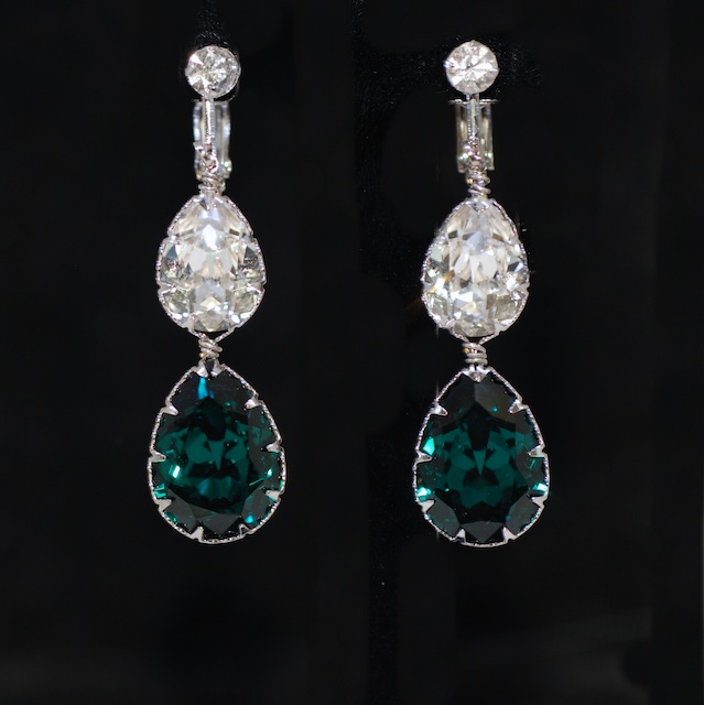 Crystals Clip On Screw Back Earrings, Swarovski Clear Teardrop And Emerald Green Teardrop Crystals - Wedding Jewelry, Bridal Earrings (e682)
