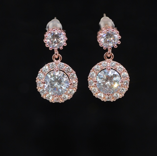 Wedding Earrings, Bridesmaid Earrings, Bridal Jewelry - Rose Gold Plated Cubic Zirconia Round Earring With Round Cubic Zirconia (e690)