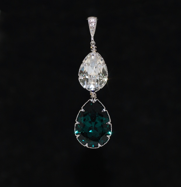 Cz Detailed Pendant With Swarovski Clear Teardrop And Emerald Green Teardrop Crystals - Wedding Jewelry, Bridal Jewelery (p069)