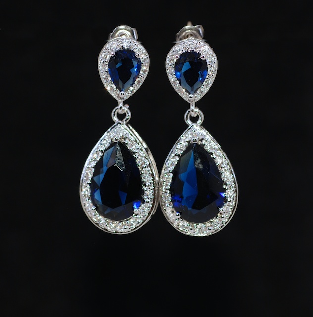 Wedding Earrings, Bridesmaid Earrings, Bridal Jewelry - Cubic Zirconia Detailed Sapphire Blue Teardrop Earring (e702)
