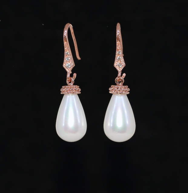 Wedding Jewelry, Bridal Earrings, Bridesmaid Gift - Rose Gold Plated Cubic Zirconia Detailed Earring Hook With White Briolette Pearl (e698)