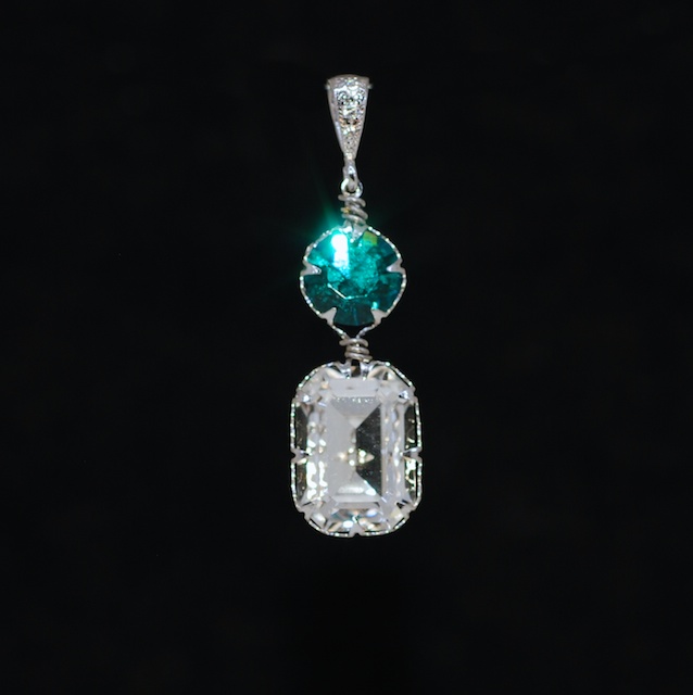 Cz Detailed Pendant With Swarovski Blue Zircon Round, Clear Octagon Crystals - Wedding Jewelry, Bridal Jewelery (p071)