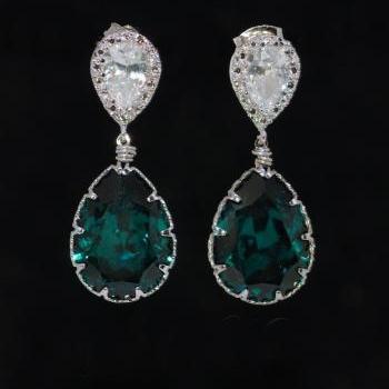 Wedding Earrings, Bridesmaid Earrings, Bridal Jewelry - Cubic Zirconia Teardrop Earring with Swarovski Emerald Green Teardrop Crystal (E273)